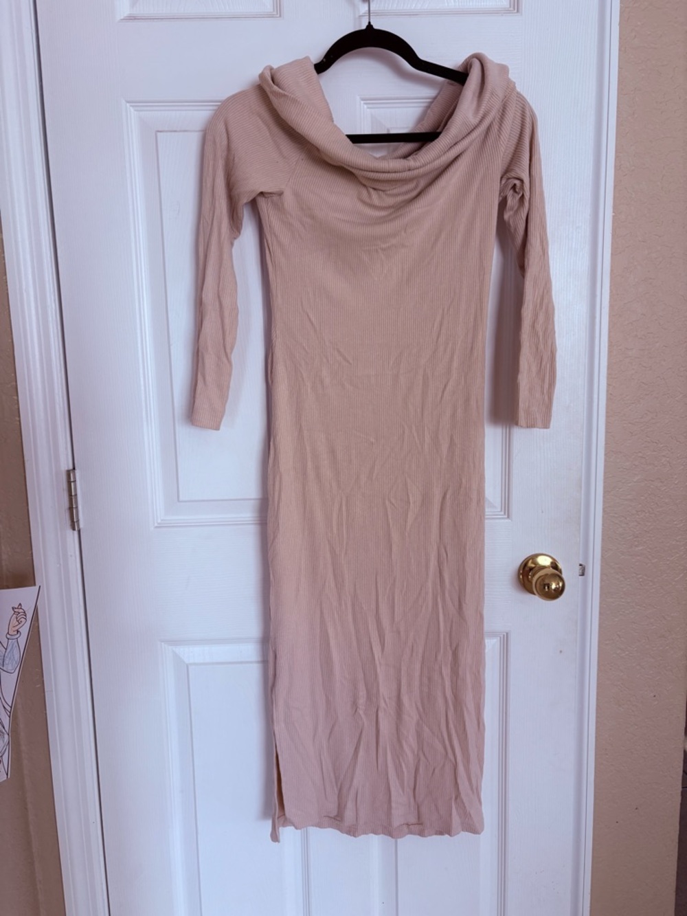 SHIEN Beige Ribbed Midi Dress Medium Long Sleeve Bodycon Stretch NWOT